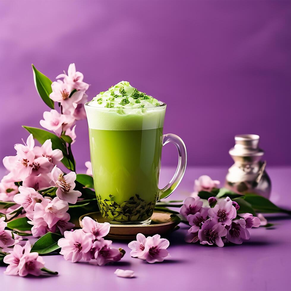 AI generated green tea with spring flowers on purple background photo
