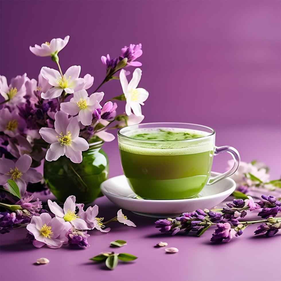 AI generated green tea with spring flowers on purple background photo