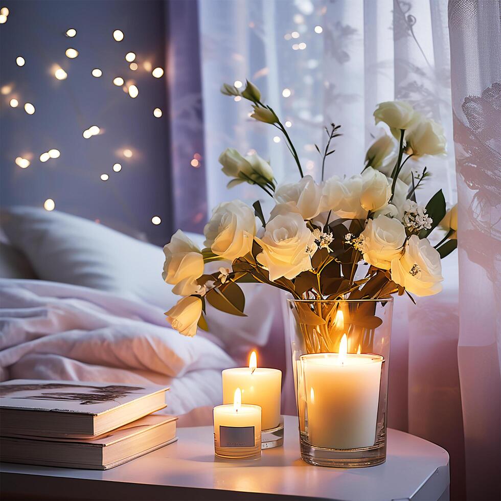 AI generated burning candles with flowers in vase in bedroom photo