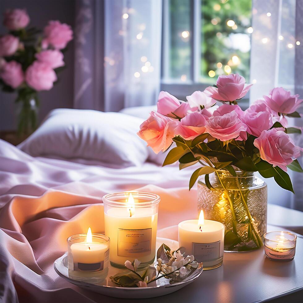 AI generated burning candles with flowers in vase in bedroom photo
