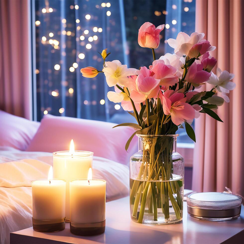 ai generado ardiente velas con flores en florero en dormitorio foto