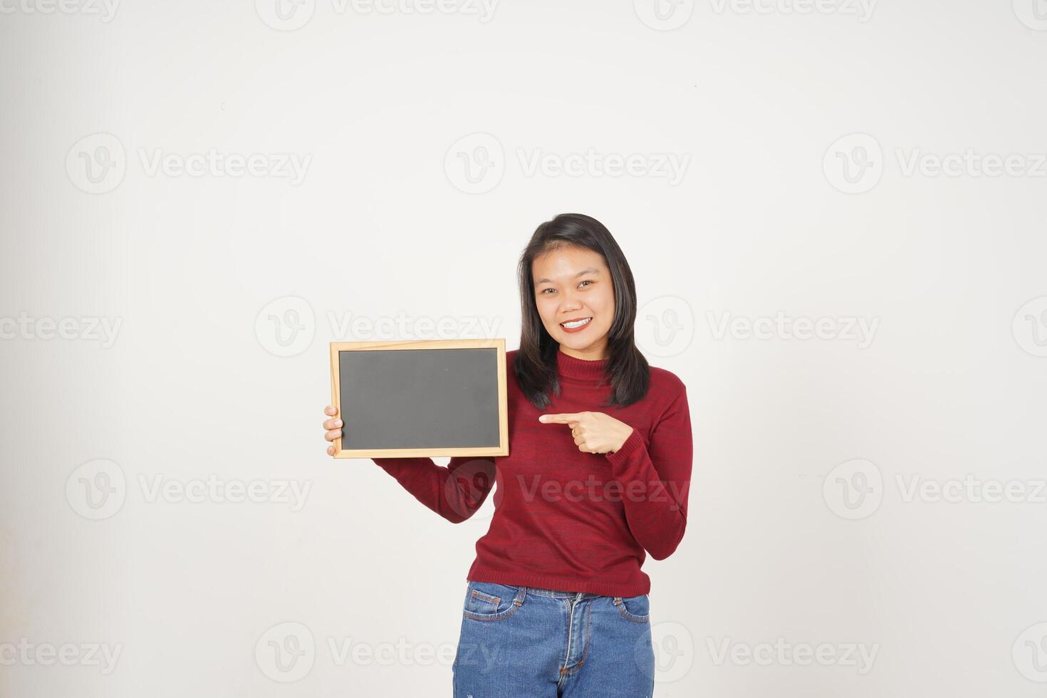 Young Asian woman in Red t-shirt Showing and holding black or chalk board sign isolated on white background photo