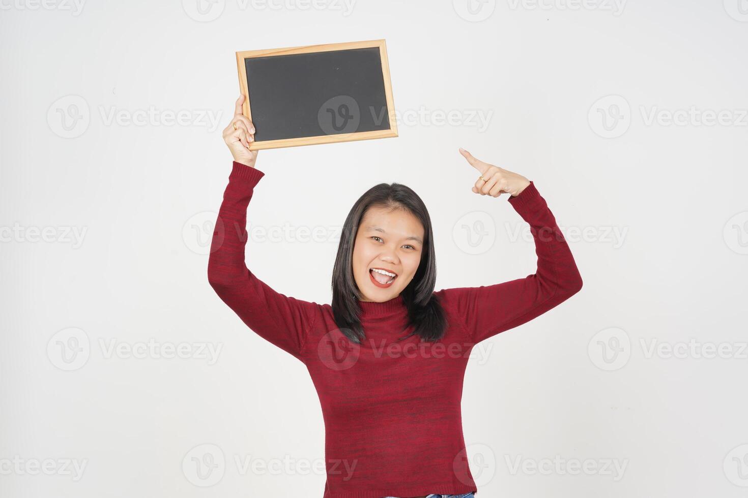 Young Asian woman in Red t-shirt Showing and holding black or chalk board sign isolated on white background photo