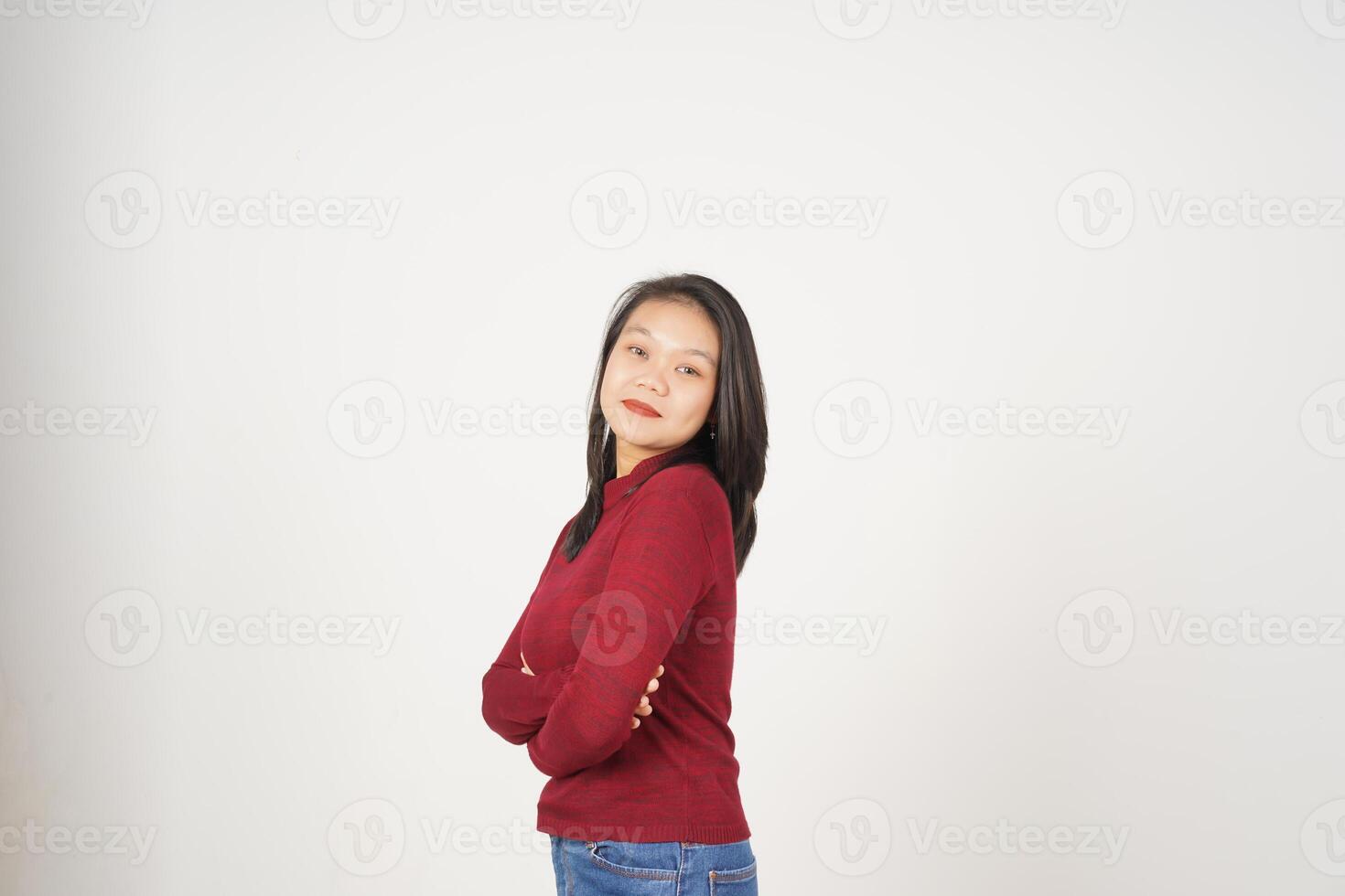 Young Asian woman in Red t-shirt crossed arms and smiling at camera isolated on white background photo
