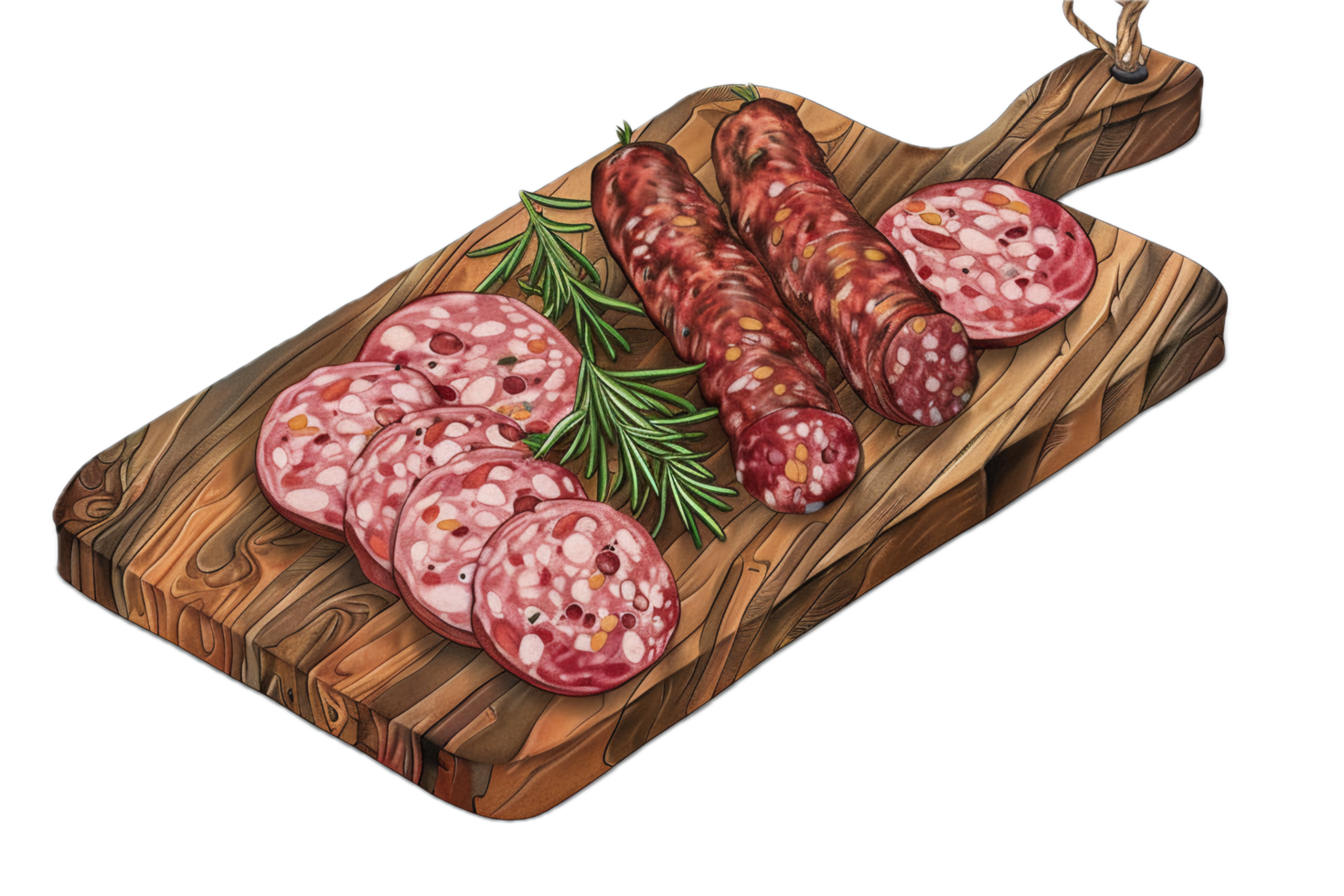 AI generated Sliced Salami with Herbs on Wooden Board png