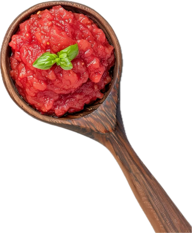 AI generated Fresh Tomato Sauce in Wooden Spoon with Basil png
