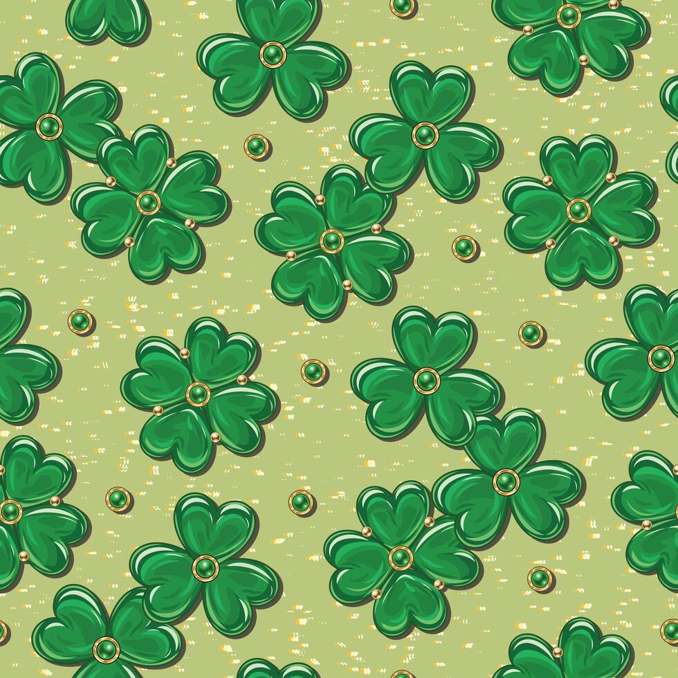 St Patricks day seamless pattern with scattered clover, trefoil, lucky 4 leaves shamrock on textured light background. Vintage illustration for prints, textile, surface design vector