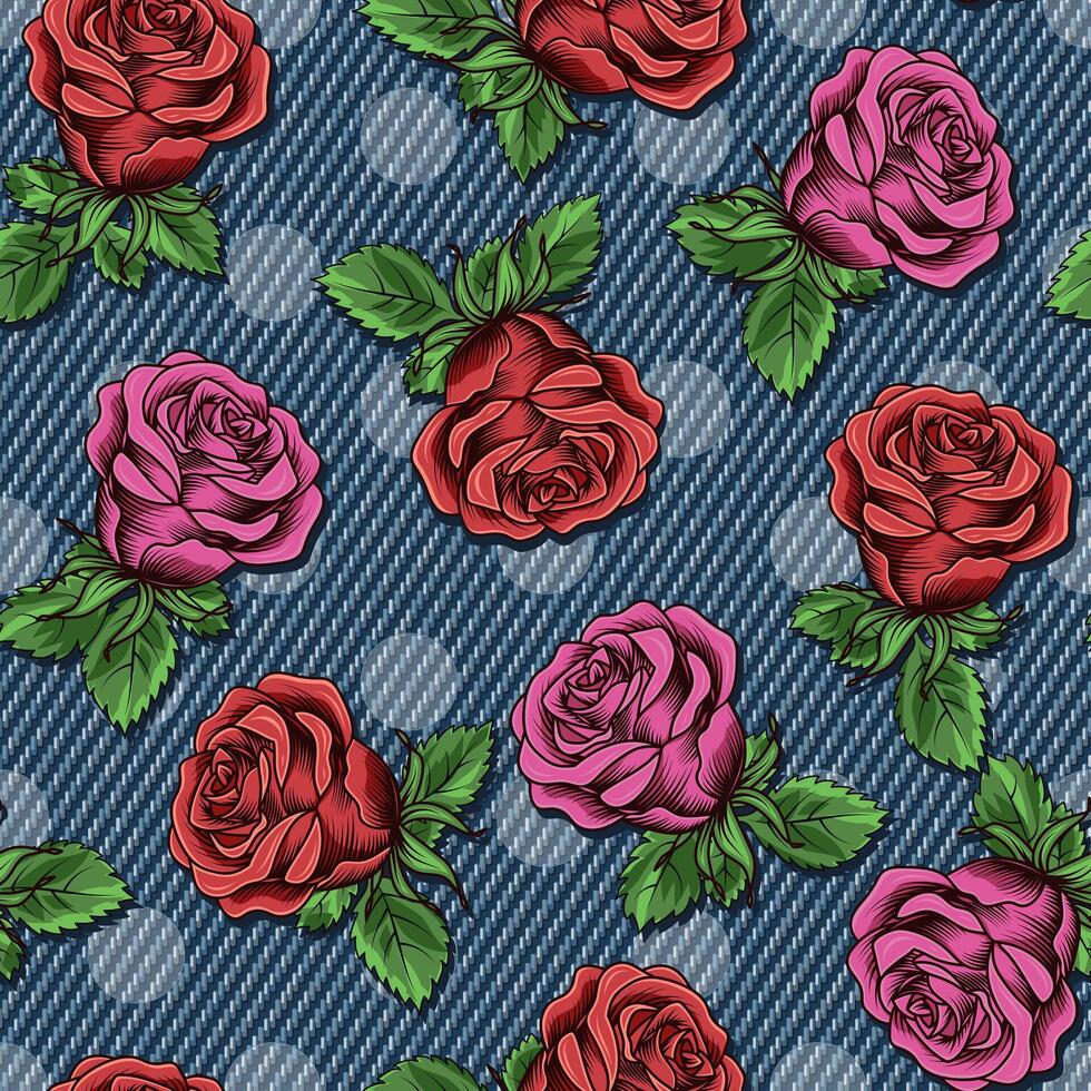 mezclilla floral sin costura modelo con dispersado brotes de rosas. lozano floreciente rojo, rosado flores en azul pantalones textura con polca punto ornamento. para huellas dactilares, ropa, vestir, superficie diseño Clásico estilo vector