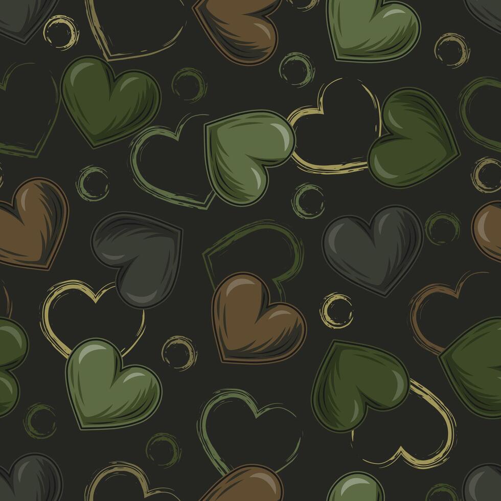 Camouflage khaki green pattern with hearts. Grunge outline silhouettes of hearts, circles behind. Dark illustration for woman t shirt design, textile, sport clothing, goods. vector