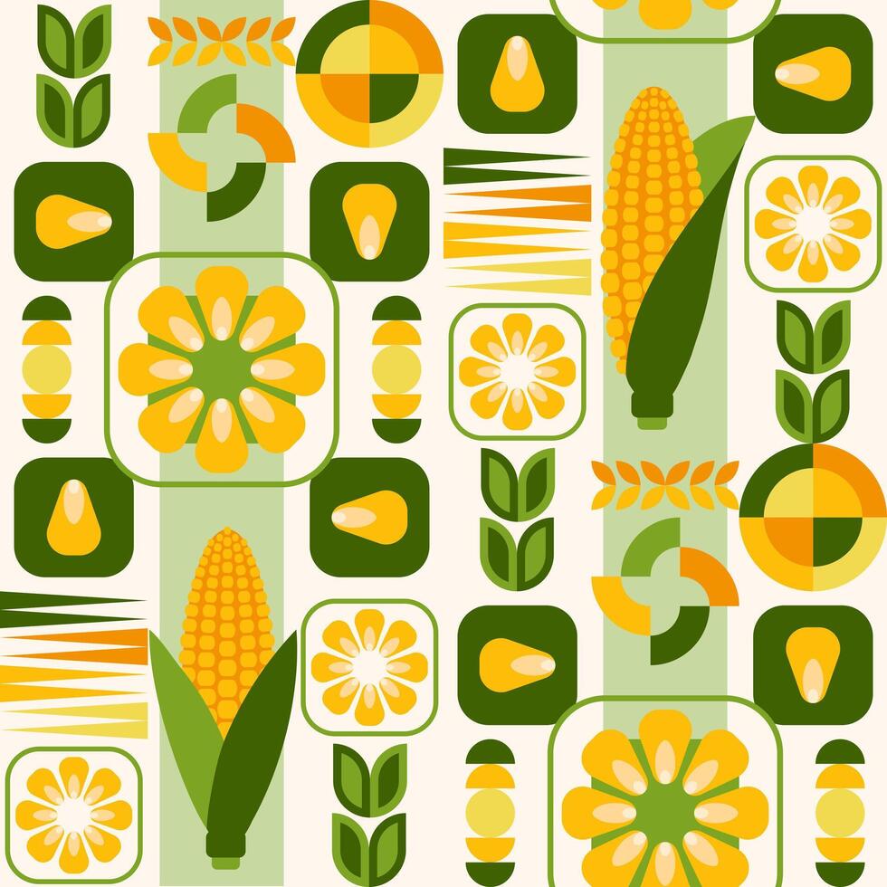 Seamless pattern with icons of corn cob, corn grains, abstract geometric shapes on white background. For branding, decoration of food package, decorative print for kitchen vector