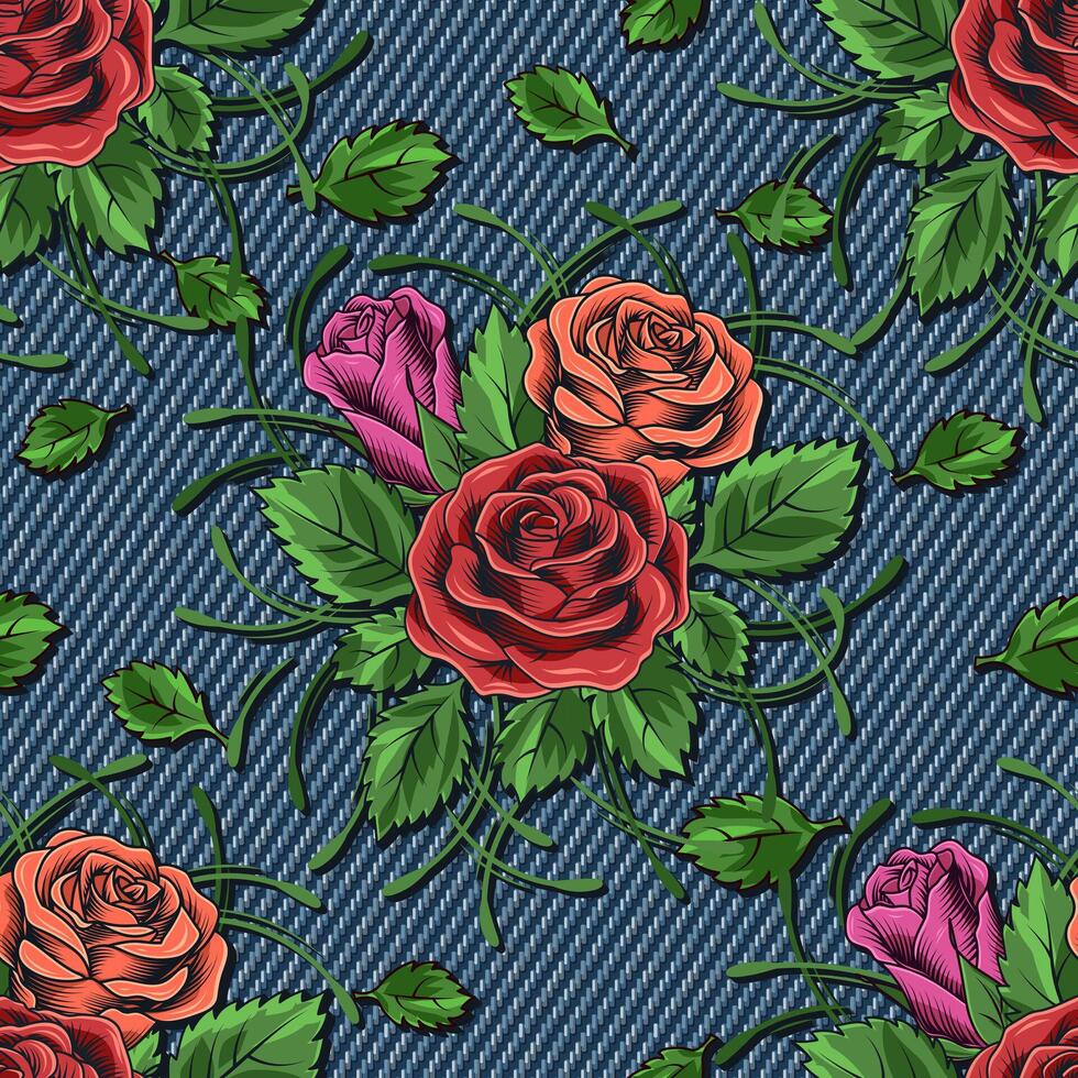 Denim floral seamless pattern with bouquet of roses. Lush blooming red, orange flowers with tendril, scattered leaves on blue jeans texture. For prints, clothing, apparel, surface design Vintage style vector