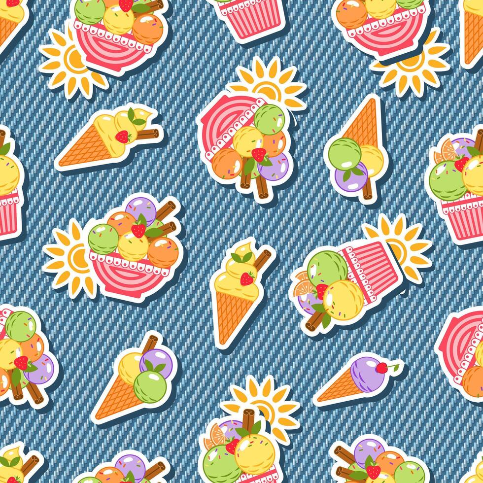 Funny seamless denim pattern with stickers with ice cream, sun icon. Detailed texture of blue jeans fabric on background. Summer design. vector