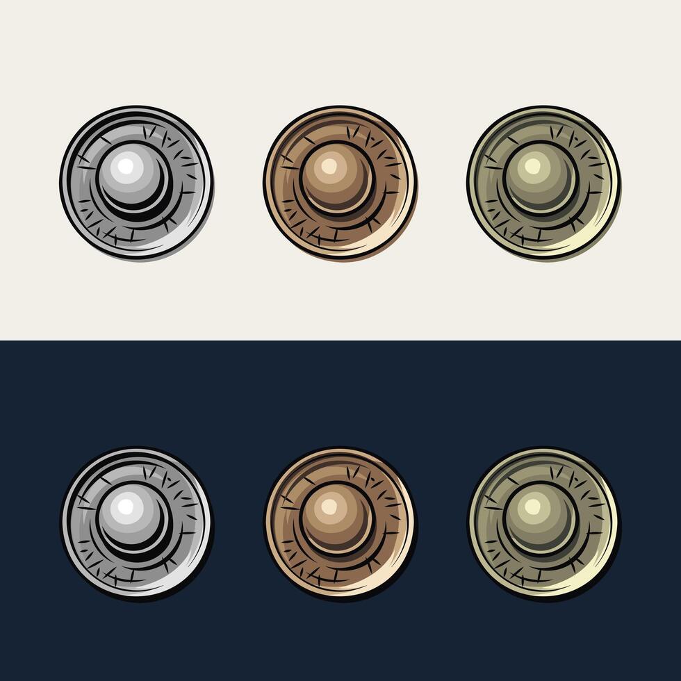 Set of golden, silver, copper metal rivets. Isolated sewing accessories on black, white background. Vintage style illustration vector