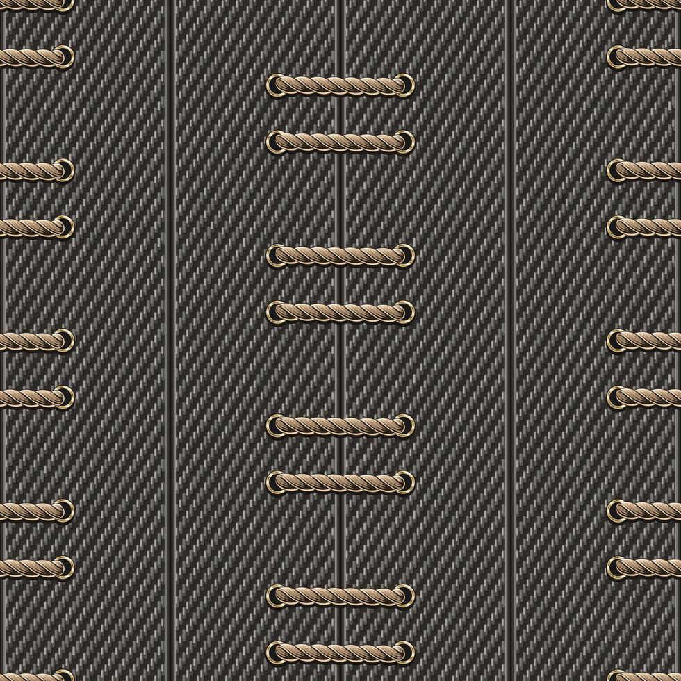 Seamless pattern with vertical seams, wide stripes of gray denim fabric and horizontal rope lacing. Vintage style. For prints, clothing, t shirt, surface design. Not AI vector