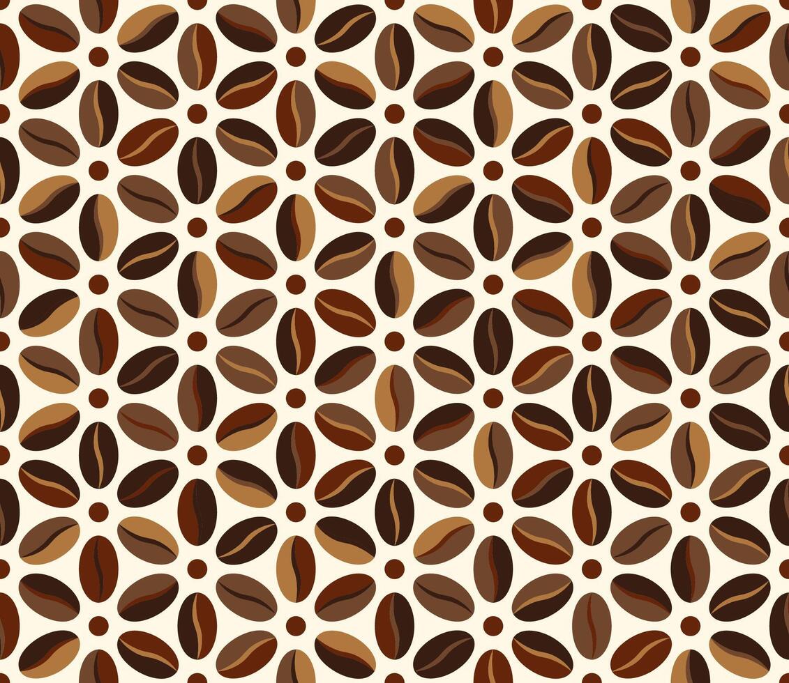 Seamless geometric pattern from coffee beans in hexagonal grid. Retro simple style. Organic background. Vector illustration