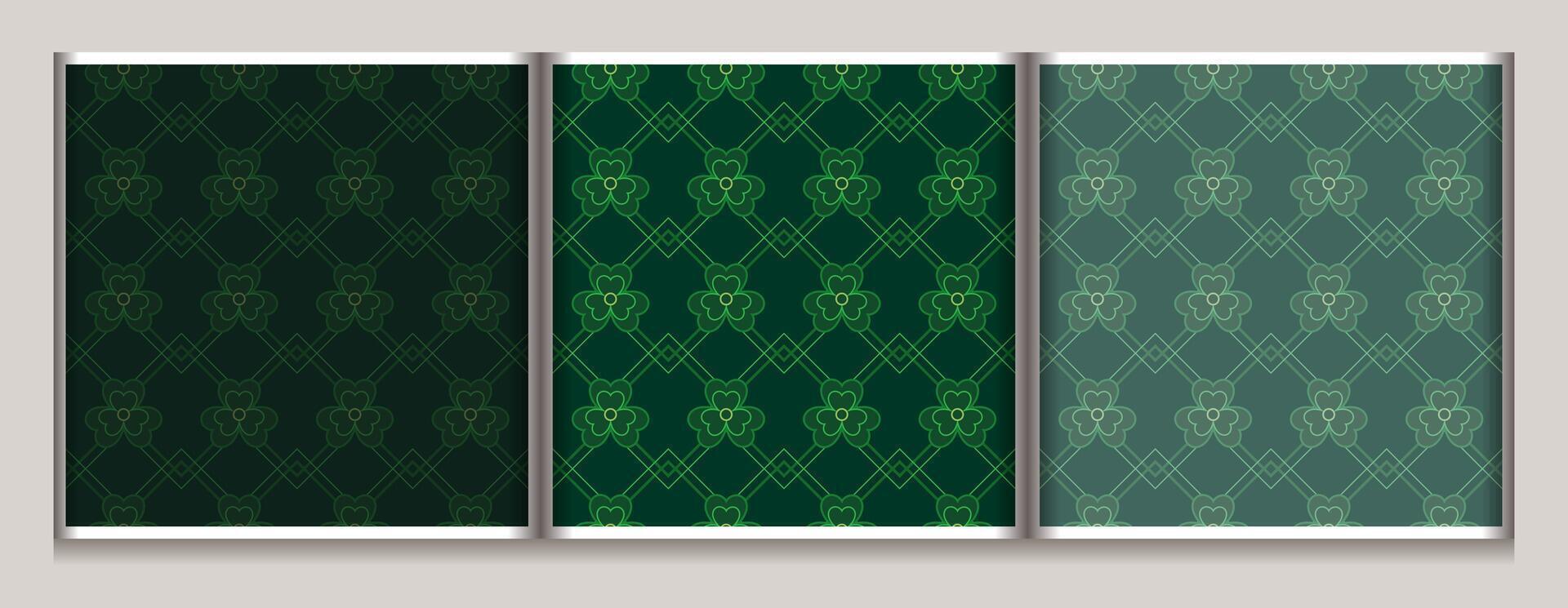 Geometric simple St Patricks day patterns with clover, shamrock leaves, squares, rhombuses. Dark, low contrast, green backgrounds with thin lines, outline shapes. Classic square diagonal grid. vector