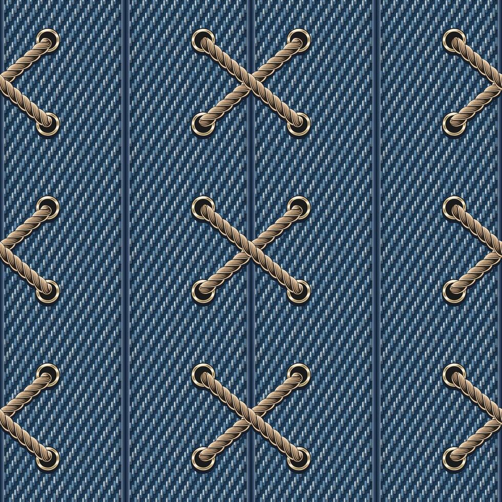 Seamless pattern with vertical seams, wide stripes of blue denim fabric and crisscross rope lacing. Vintage style. For prints, clothing, t shirt, surface design. Not AI vector