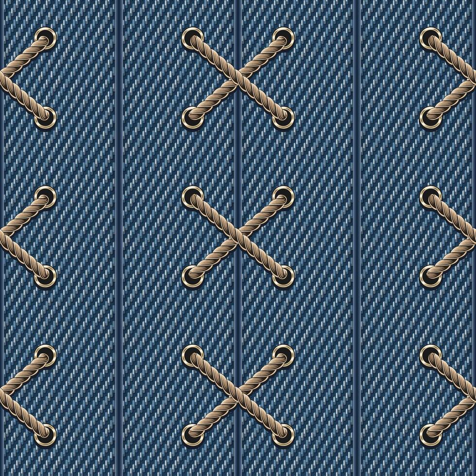 Seamless pattern with vertical seams, wide stripes of blue denim fabric and crisscross rope lacing. Vintage style. For prints, clothing, t shirt, surface design. Not AI vector