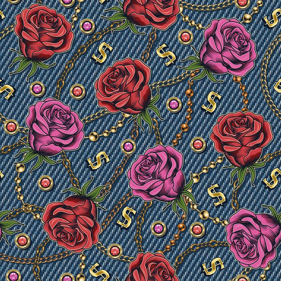 Denim floral seamless pattern with buds of roses. Flowers with golden chains, scattered golden dollar signs on blue jeans texture. For prints, clothing, t shirt, surface design Vintage style vector