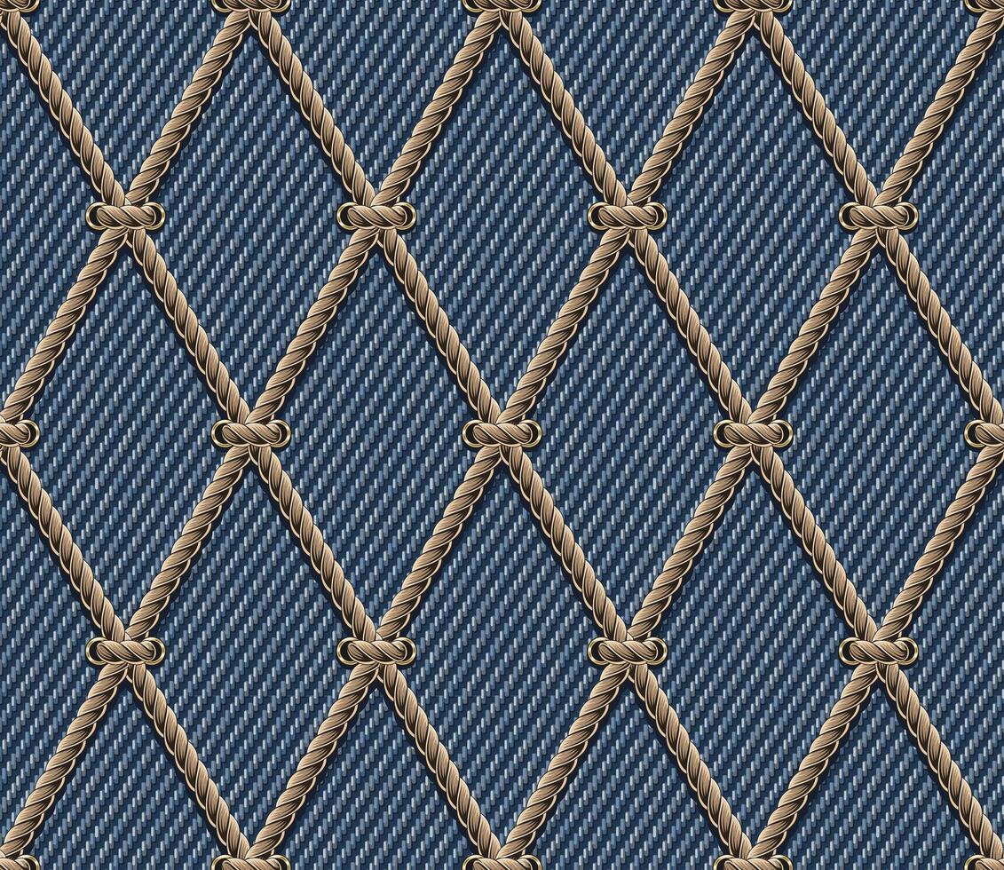 Seamless grid pattern with nautical rope and lacing on blue denim texture. Classic rhombus grid. Vintage style. Not AI vector