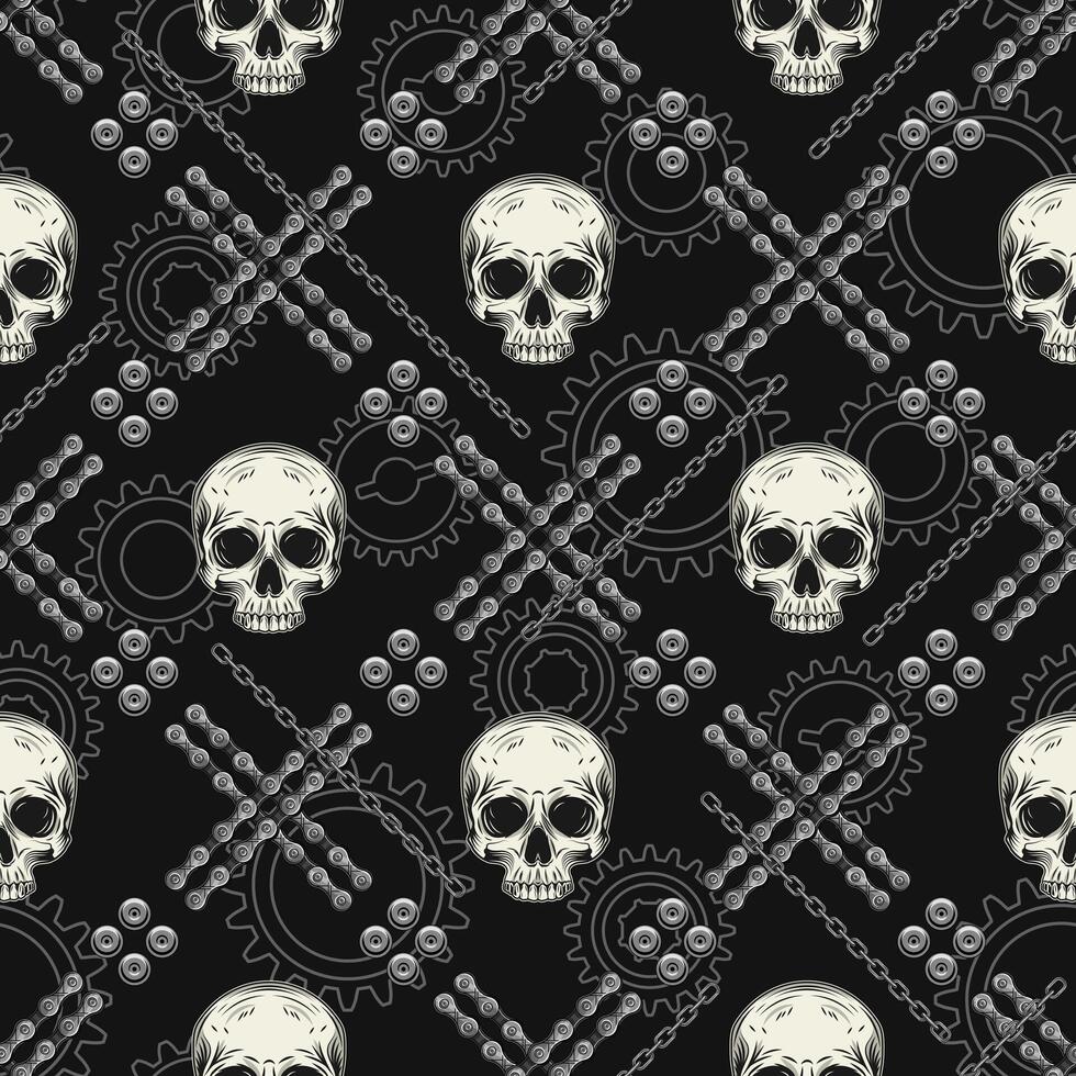 Checkered vintage monochrome pattern with human skulls, steel chains, rivets. Square geometric grid. Vector seamless background. Good for mens apparel, clothing, fabric, textile, sport goods.