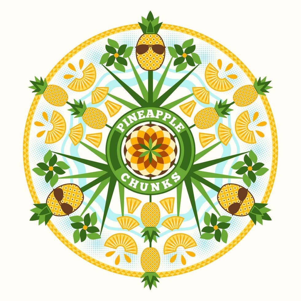 Round ornament with pineapple plant, chunk, halftone shapes in simple geometric style. Good for decoration of food packaging, cover design, decorative print, background vector