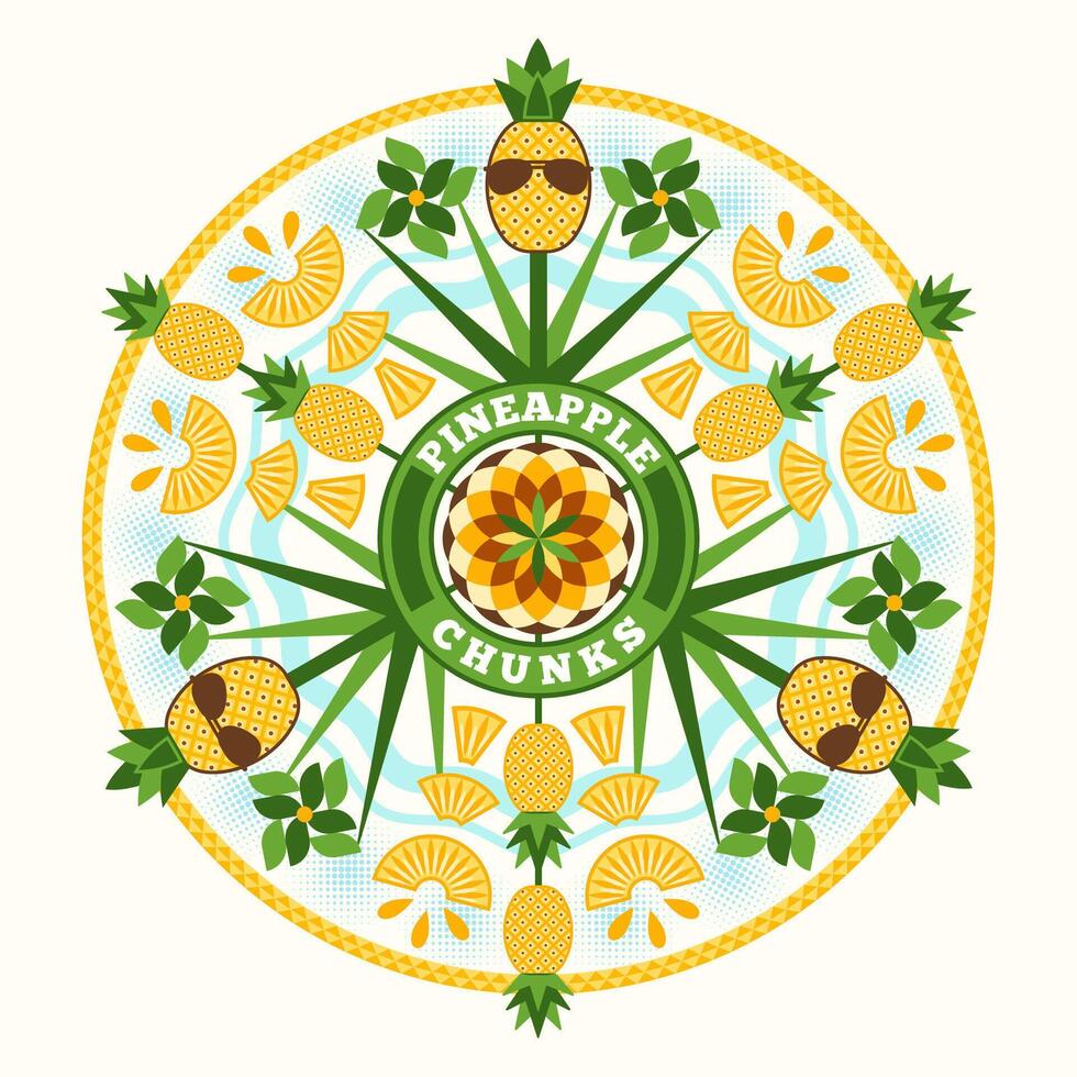 redondo ornamento con piña planta, pedazo, trama de semitonos formas en sencillo geométrico estilo. bueno para decoración de comida embalaje, cubrir diseño, decorativo imprimir, antecedentes vector