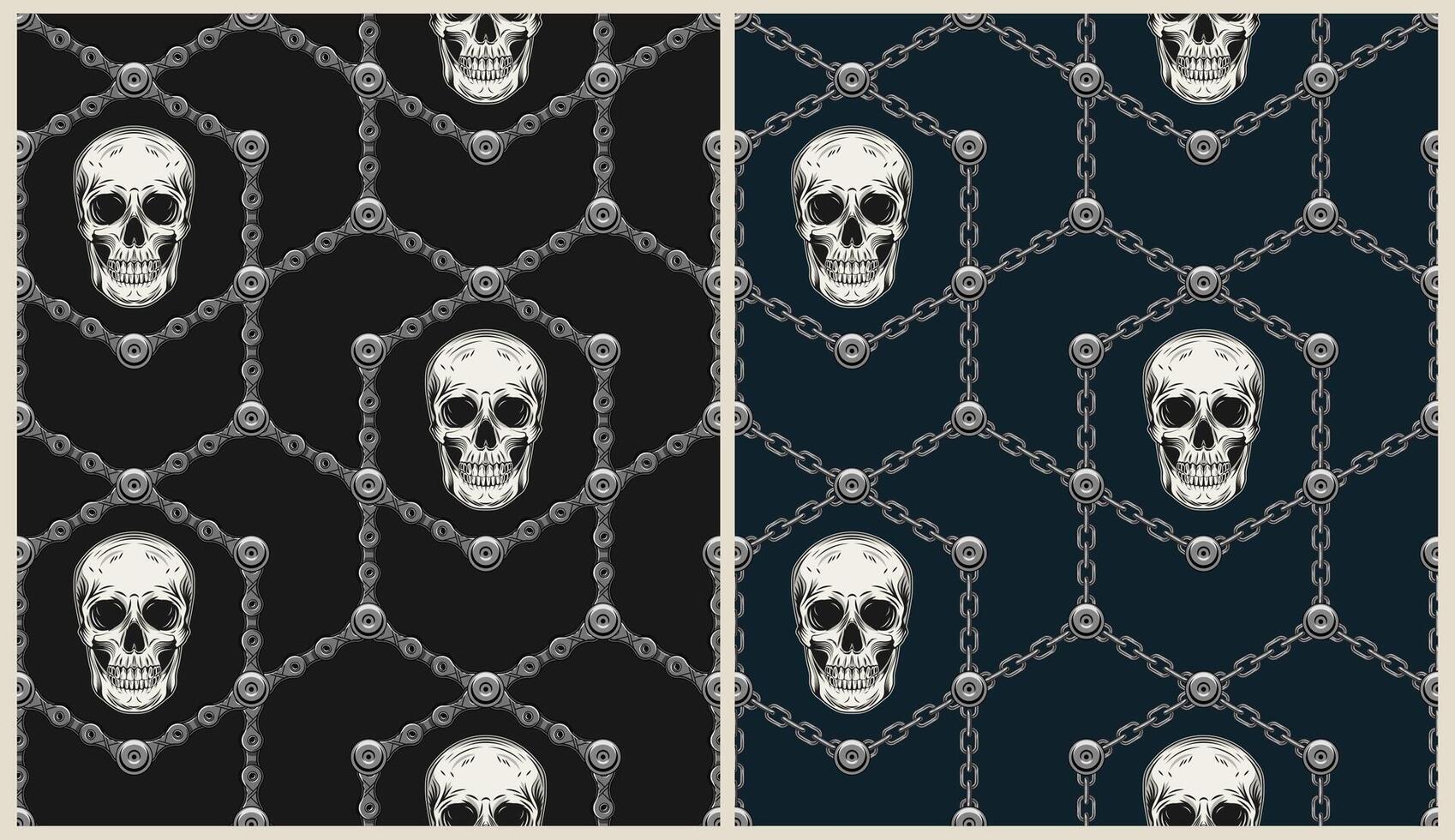Geometric pattern with human skulls, steel chains, bicycle chain, rivets. Tile polygonal seamless background in steampunk style. Good for apparel, clothing, fabric, textile, sport goods. vector