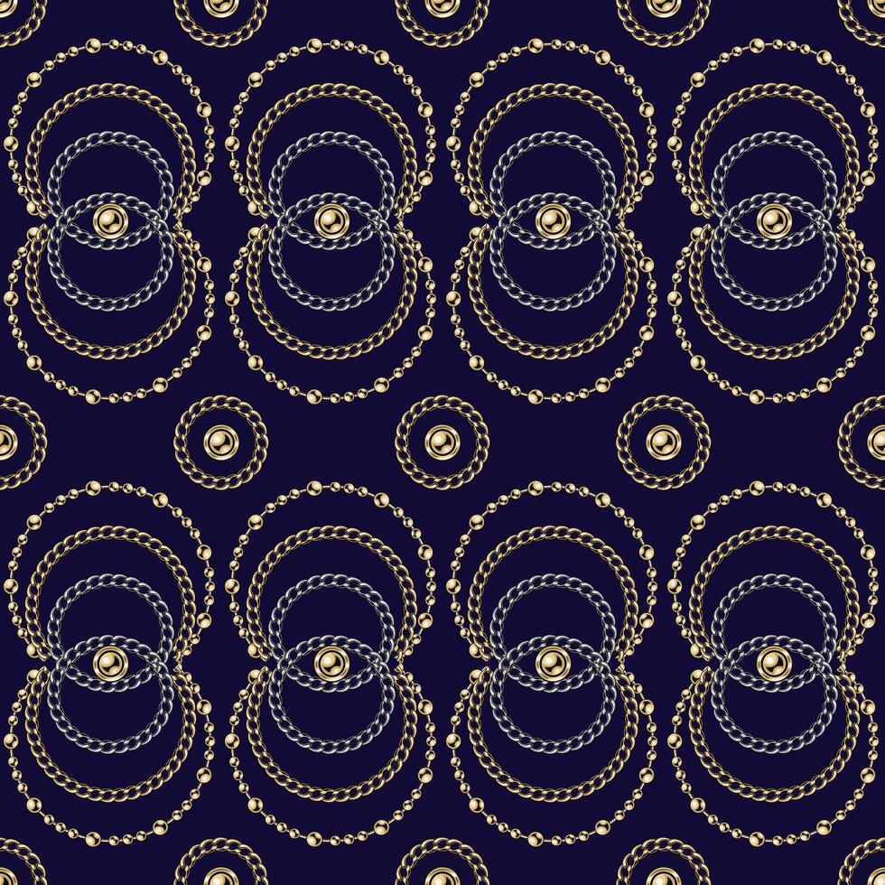 Seamless luxury pattern with jewelry gold, silver chains, beads. Geometric grid with circular ornament on dark blue background. vector