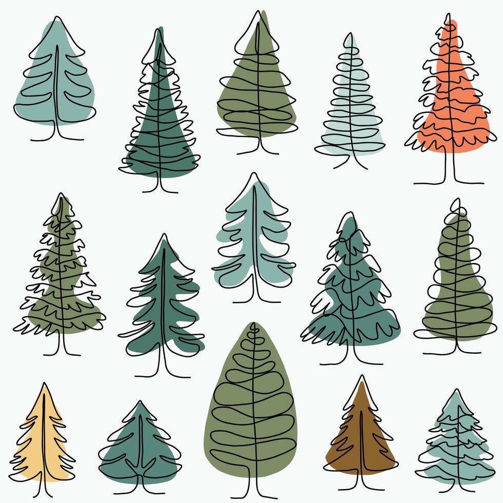 Pine trees freehand drawing flat design. vector