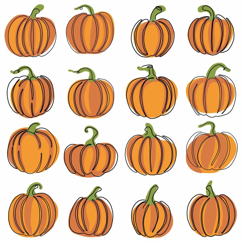 continuo línea a mano dibujo de Víspera de Todos los Santos calabaza. vector