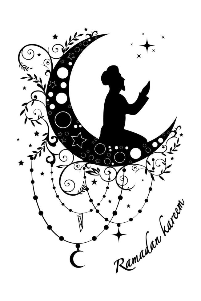 Silhouette of a Muslim praying on Cescent moon, Ramadan concept in boho style. Islamic symbol can be used for the month of Ramadan, for logo, website and poster designs. vector