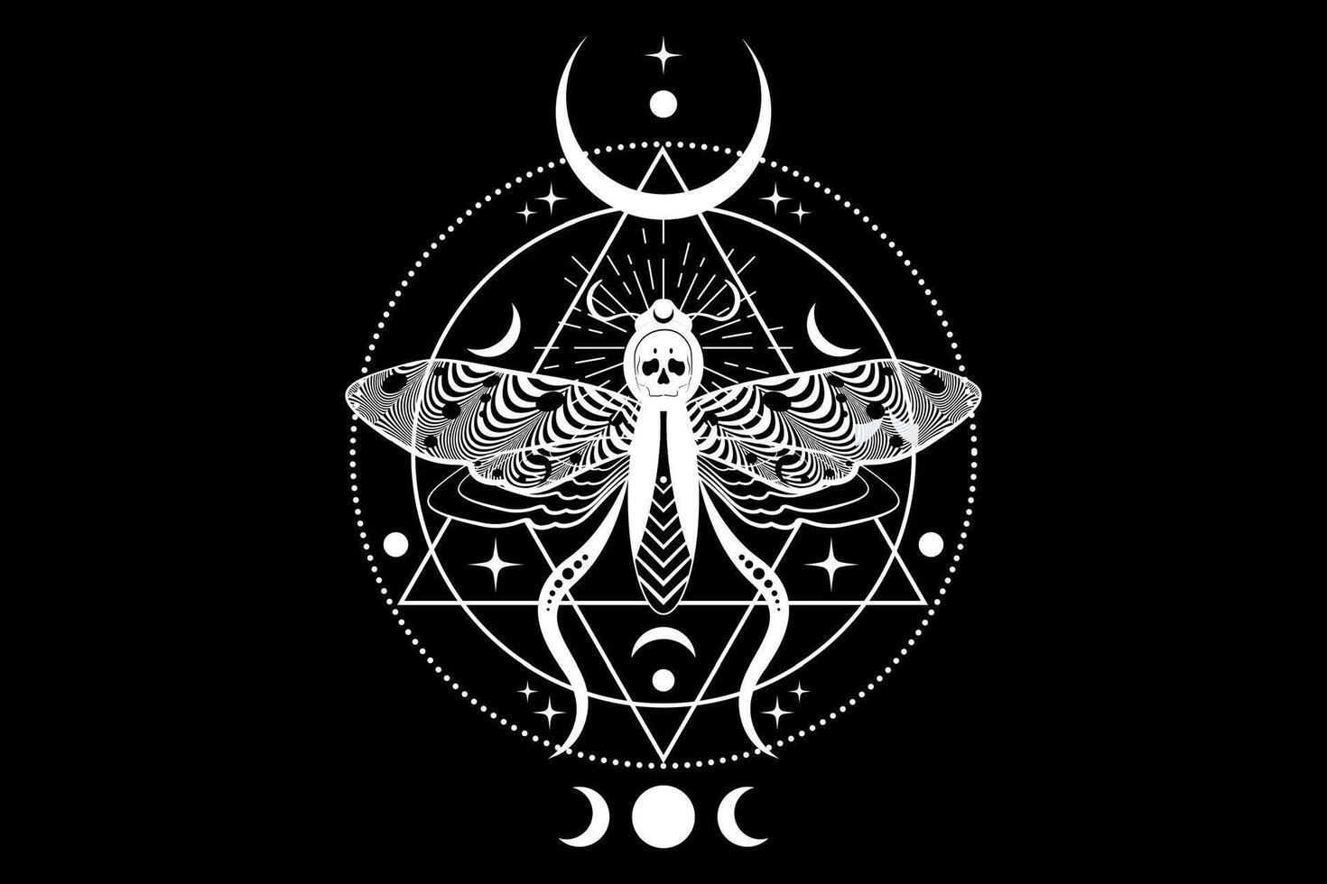 Mystical death head moth in dark black color. Cresent moon and wiccan triple goddess, butterfly with a skull. Sacred geometry. Alchemy, magic, esoteric, occult sign isolated on black background vector