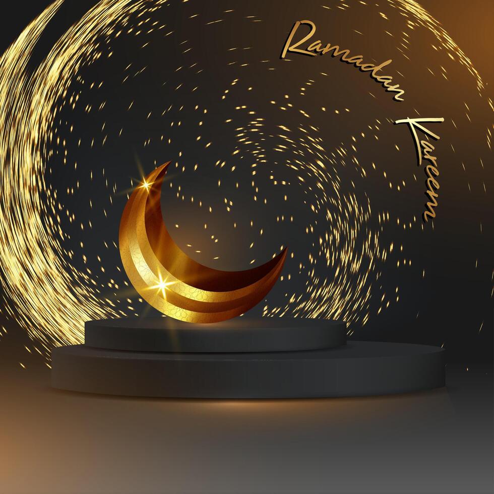 Ramadan Luxury Islamic Podium with Islamic gold crescent moon, Spiral of fireworks. 3D Arabic Banner for product showcase, Product presentation, cosmetic, base, sales, glittering and black background vector