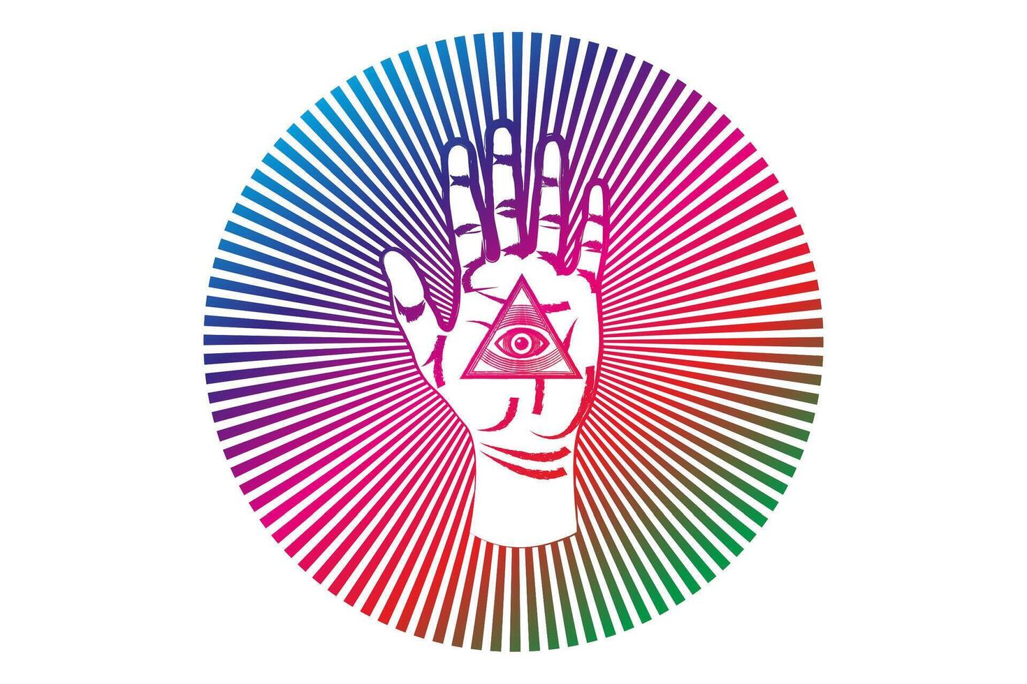 Colorful psychedelic open palm with all seeing eye sacred Masonic symbol, third eye of Providence, triangle pyramid. New World Order.  alchemy icon, religion, spirituality, occultism. Magic Vector