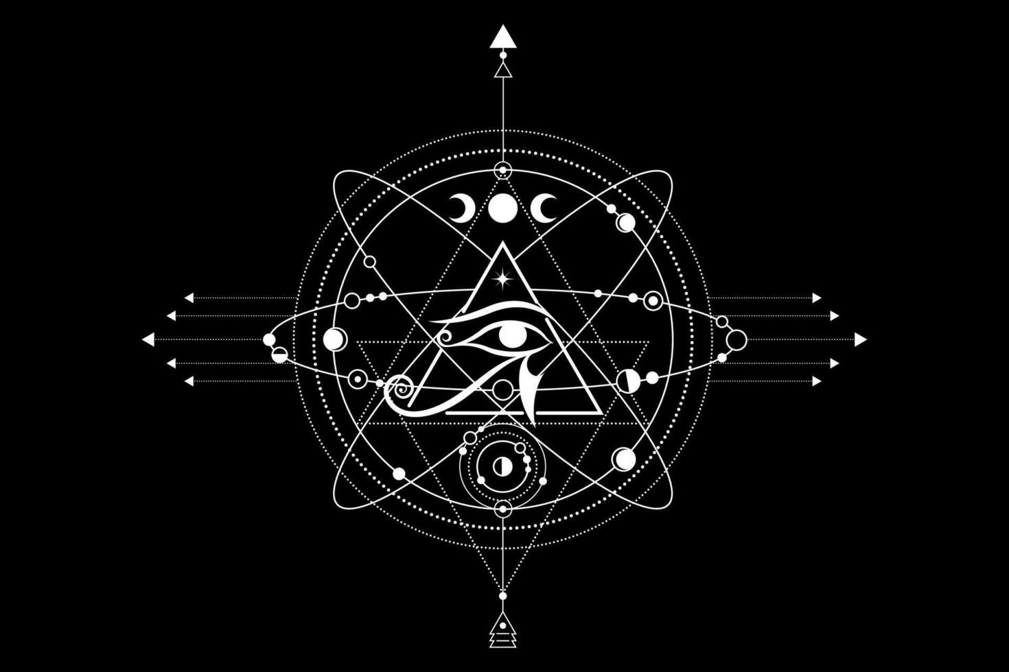 Eye Of Horus Logo design. The ancient symbol of Egyptian pyramid, third Eye, cosmic symbols, orbits of planets, lunar system. White Vector isolated on black background. Print, poster, T-shirt