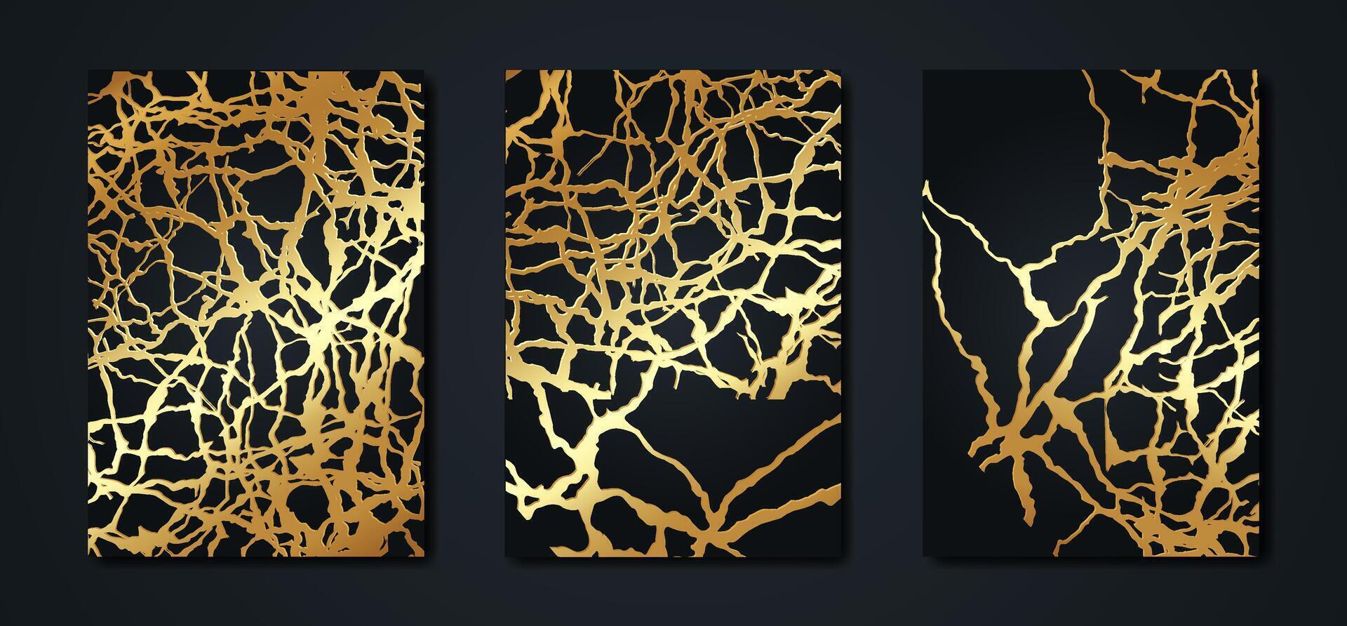 Set black card of marble gold veins. Hand drawn golden ink abstract texture. Dirty design for poster, invitation, gift card, coupon, book cover, Banner. Vector retro luxury background collection