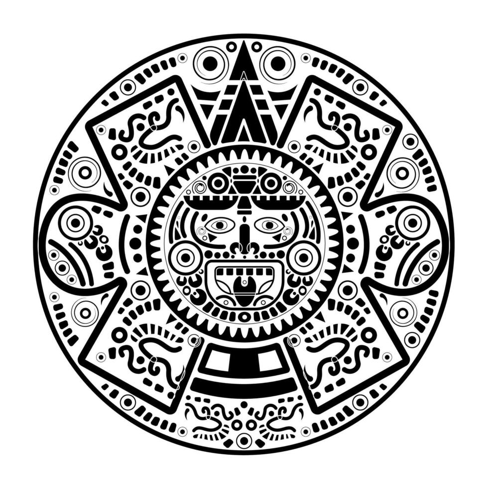 Sacred Aztec wheel calendar Mayan sun god, Maya symbols ethnic mask, black tattoo round frame border old logo icon vector illustration isolated on white background