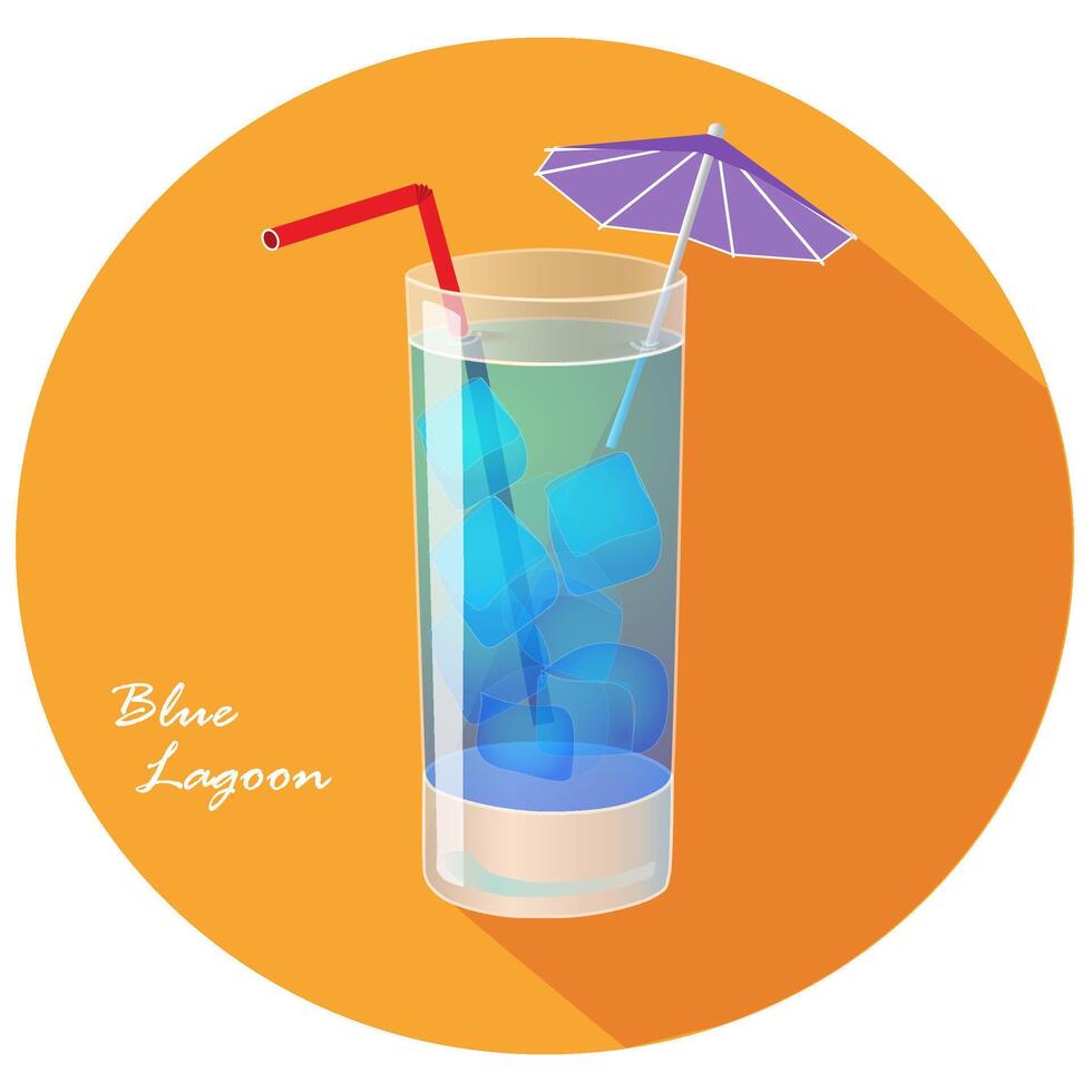 Hand drawn vector illustration of Blue lagoon popular summer cocktail, in orange circle with long shadow and text. Bar menu