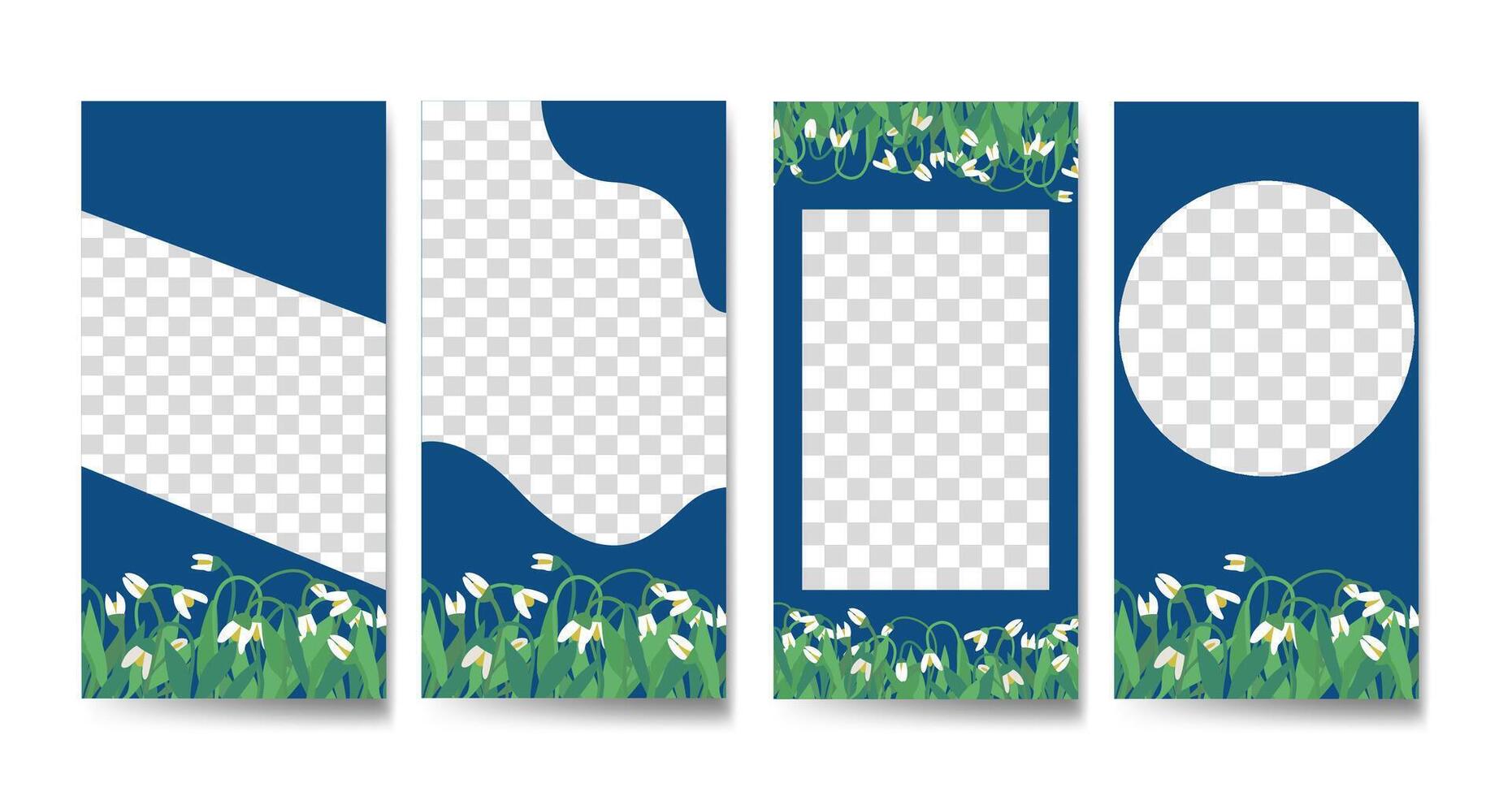 Vector set of blooming hand drawn snowdrops flowers trendy classic blue social media stories design templates, background, banners, mobile story wallpaper layout