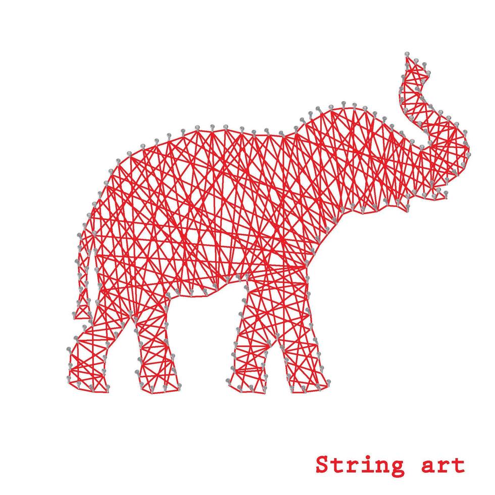 Silhouette of a red elephant, side view. Nail thread string art vector design