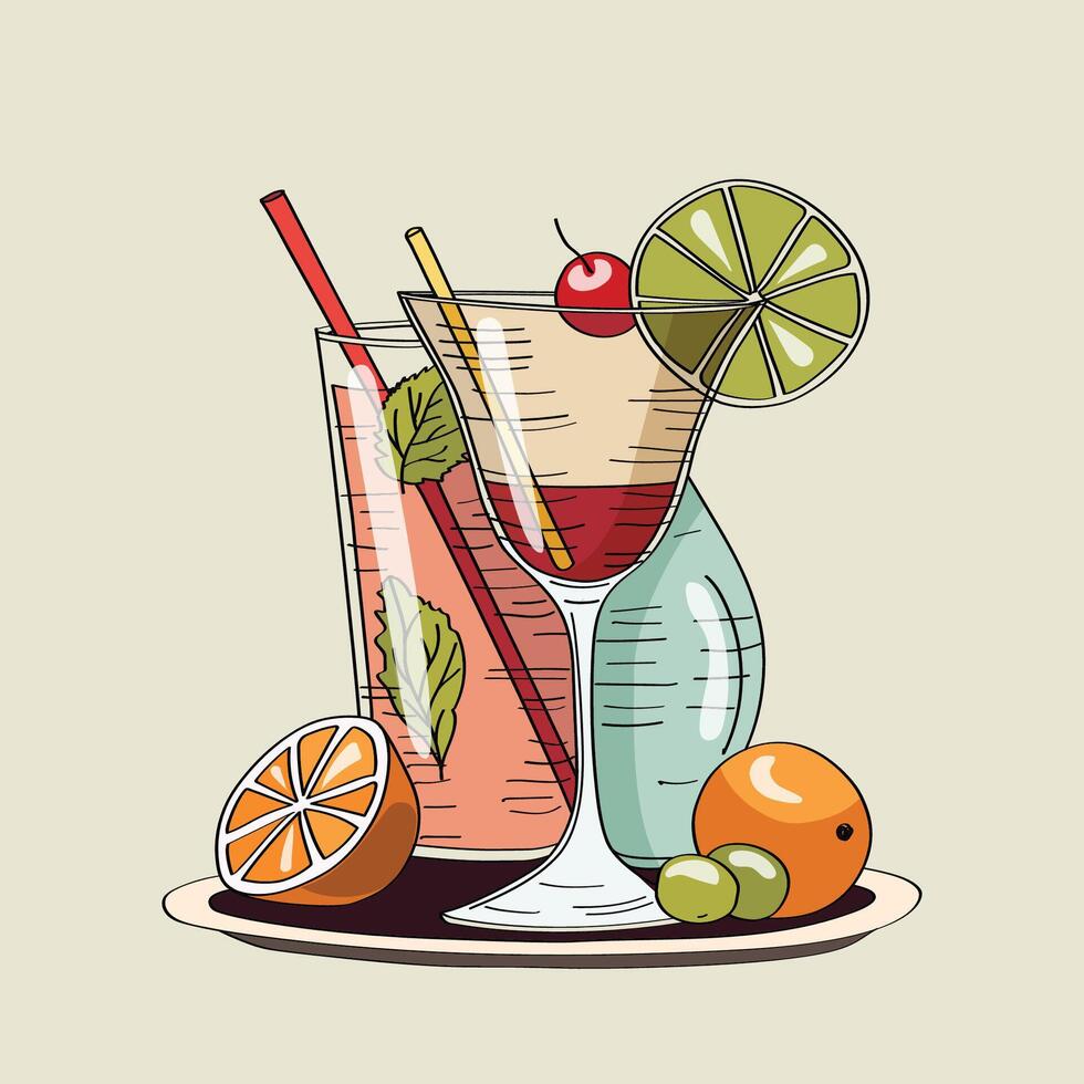 Hand drawn vector illustration of alcohol cocktails with mint leaves, olives and citrus garnish
