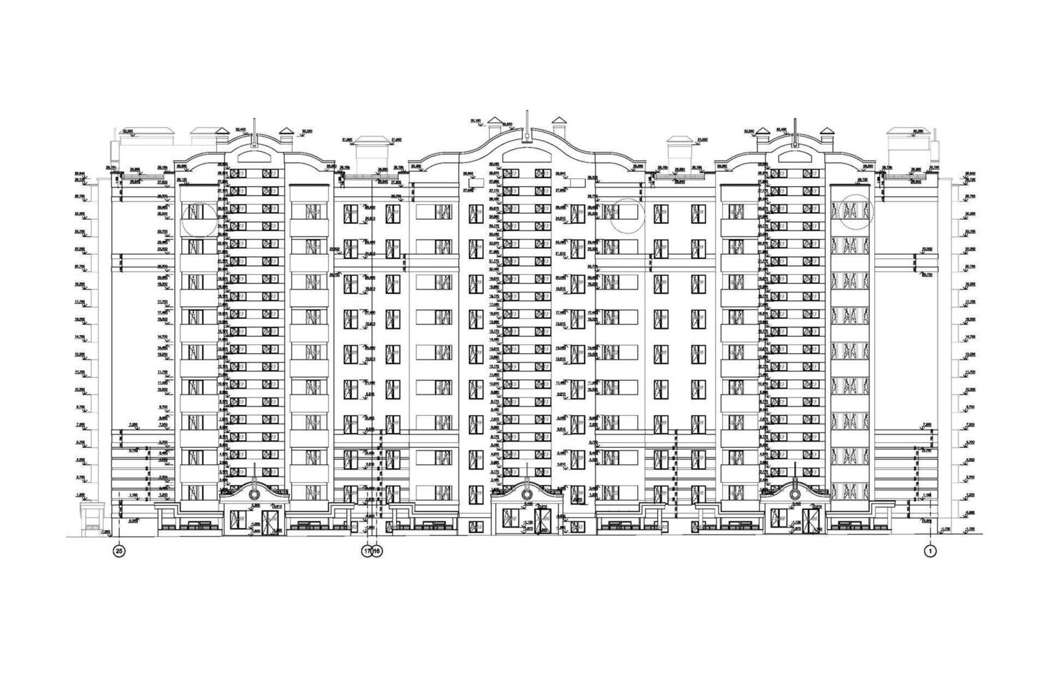 Multistory building facades, detailed architectural technical drawing, vector blueprint