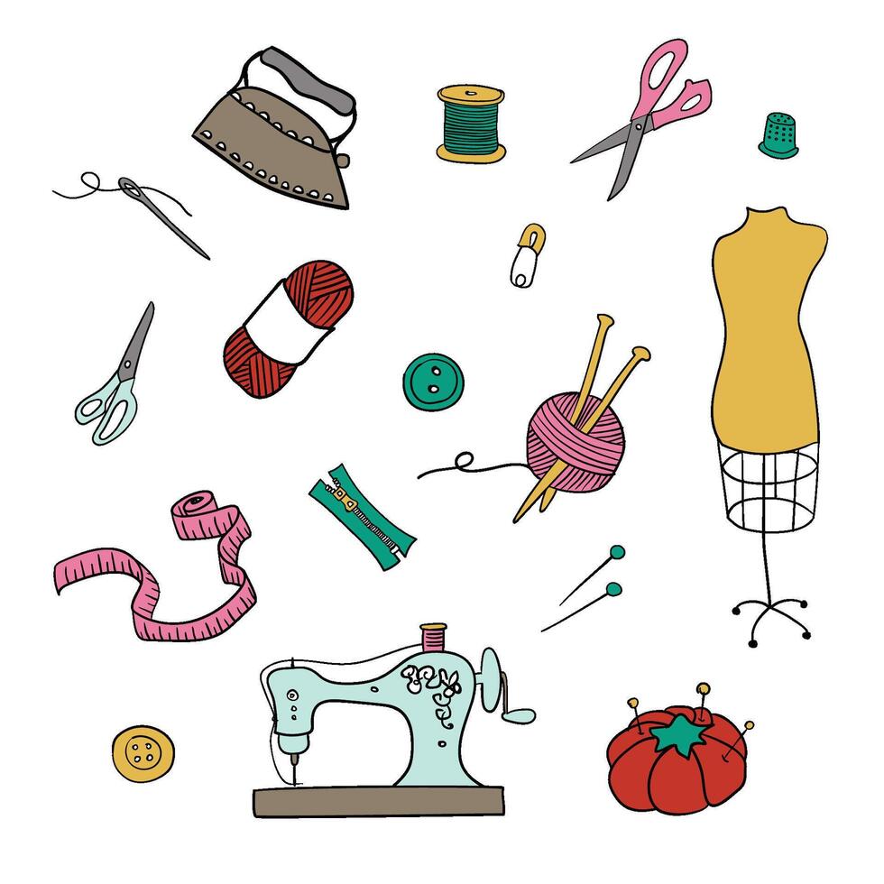 Set of vector hand drawn tailor or sewing vintage items