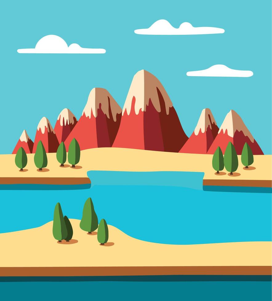 Vector illustration of a sea and mountain cartoon landscape