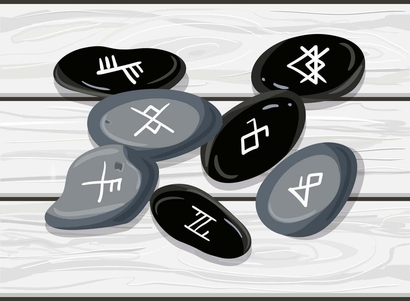 Rune stones with encrypted glyphs on the wooden table, vector illustration