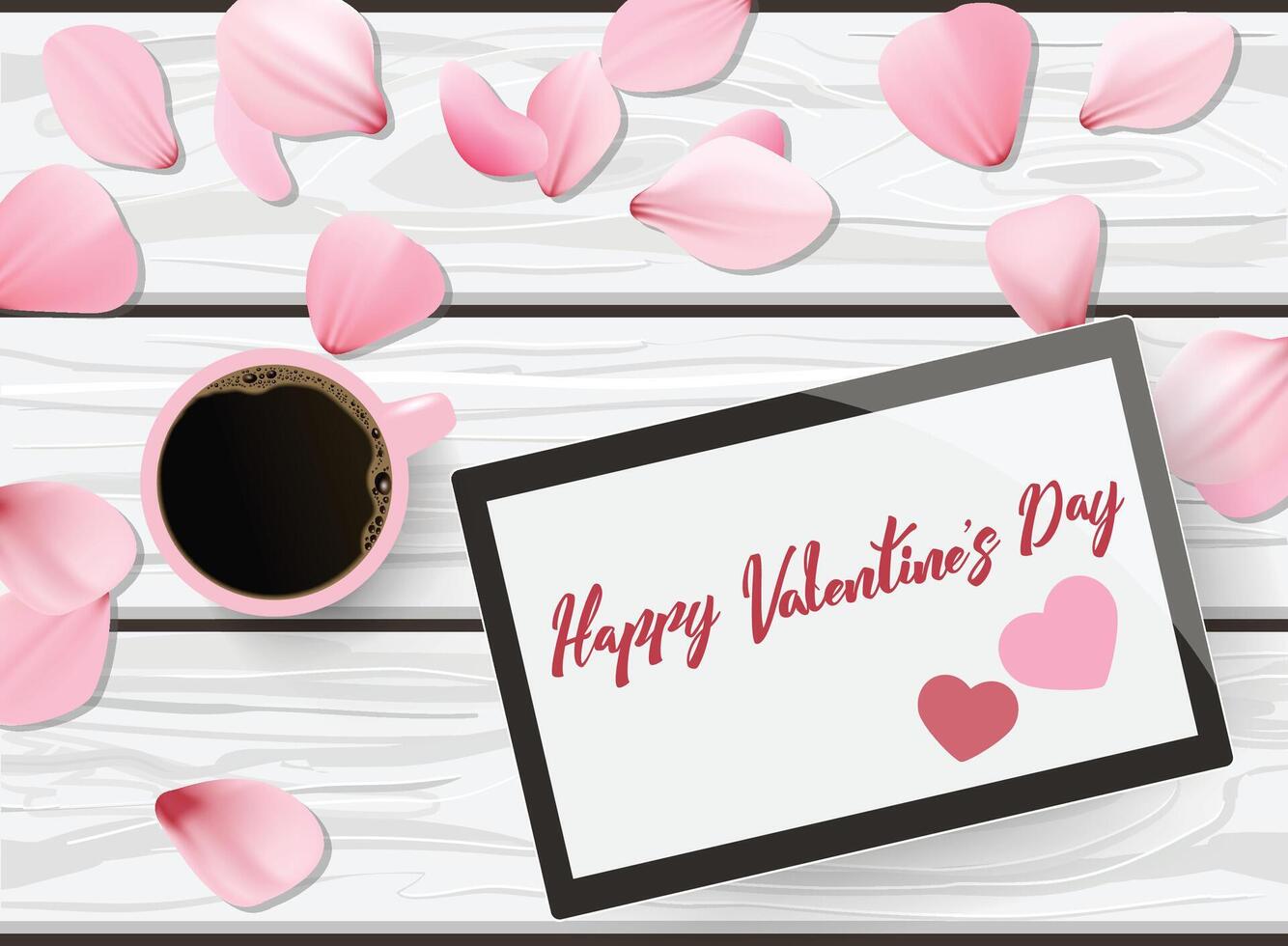 Vector flat lay still life of a pink cup of black coffee, pink petals and a tablet with Happy Valentine's day greeting