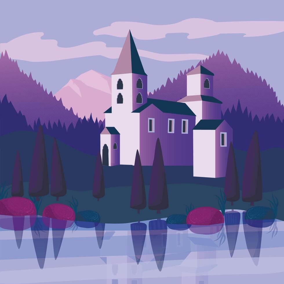 Vector illustration of an evening or dawn church or castle at the lake in the mountains