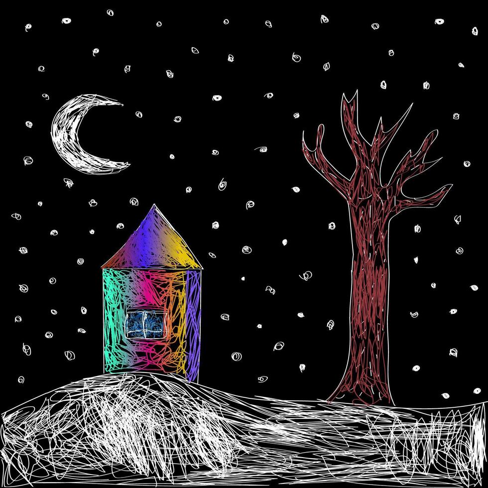 Funny kid's like drawing vector illustration of a snowy winter house and a tree