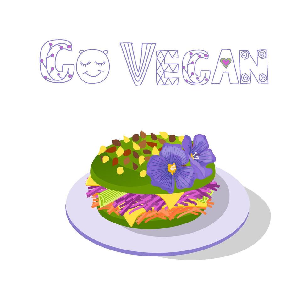 Hand drawn vector green vegan burger with go vegan lettering. Sustainable eating